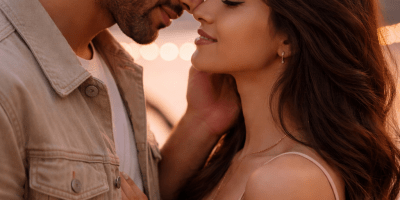 आधुनिक कपल का रोमांटिक पल, सूर्यास्त के समय विश्वास और प्यार को दर्शाता हुआ भावनात्मक दृश्य