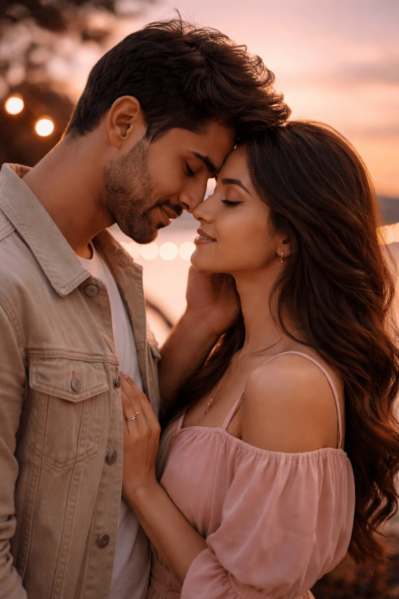 आधुनिक कपल का रोमांटिक पल, सूर्यास्त के समय विश्वास और प्यार को दर्शाता हुआ भावनात्मक दृश्य